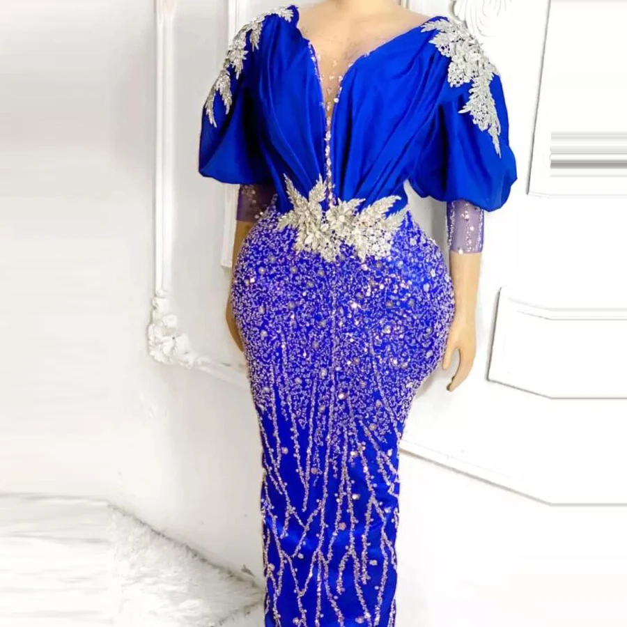 

Royal Blue Beads Evening Dresses Sparkle Beaded Floral Long Formal Gowns Straight African Prom Dress Crystals Sleeves