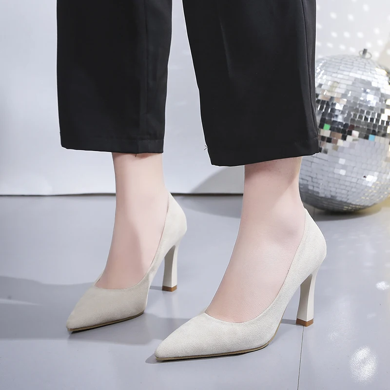 

Женские замшевые туфли с острым носком, простые однотонные туфли на высоком каблуке, весна-осень 2023