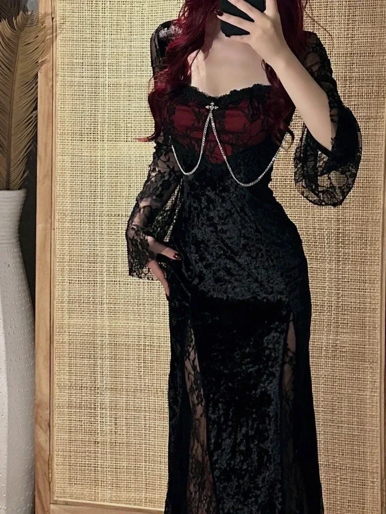 Женское кружевное платье в стиле гранж Y2k готическое облегающее темной академии
