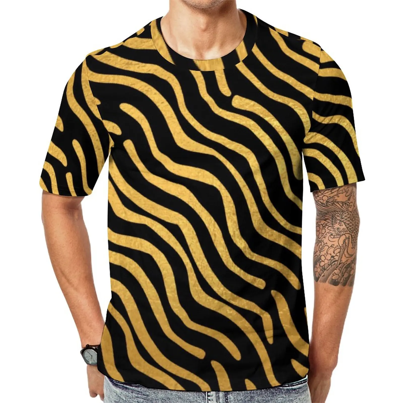 

Retro 70S Art T-Shirt Gold Abstract Lines Print Cool T-Shirts Short Sleeve Design Tops Hot Sale Summer Funny Oversized Top Tees