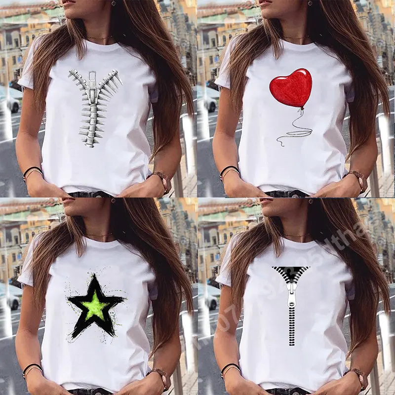 

Women T-shirts 90s Zipper Print Tops Sweet Graphic Base TShirt Female Stylish Fashion Cartoon Summer Harajuku Tee Shirt Clothes