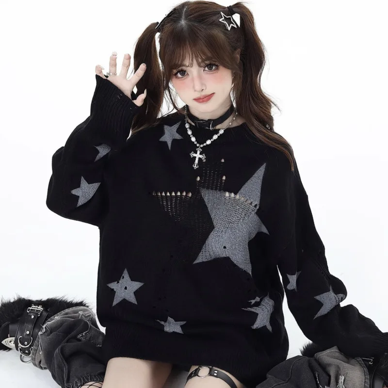 

Fashion New Korean Style Clothes Star Girl Y2k Hollow Out Knit Long Sleeve Top Autumn Winter Pullover Loose Sweater Oversize