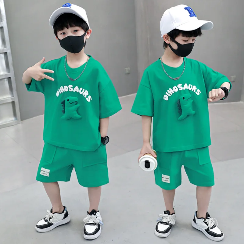 

Спортивный костюм для мальчиков 2 шт., футболка с динозавром + штаны, повседневный комплект одежды для подростков, на возраст 2-8 лет, лето 2023