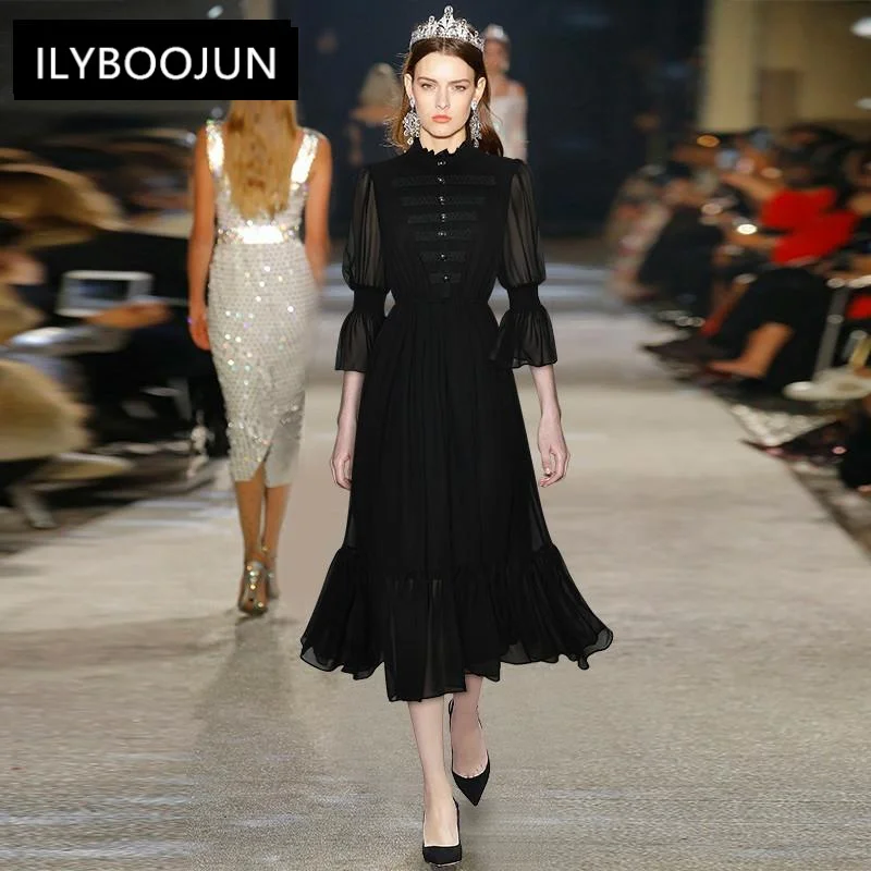

Fashion Runway Dresses Summer Women's Stand-up Collar Lantern Sleeve Chiffon Elegant Black Long Party Dress