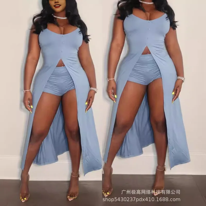 Костюм женский облегающий из двух предметов однотонный Длинный топ на