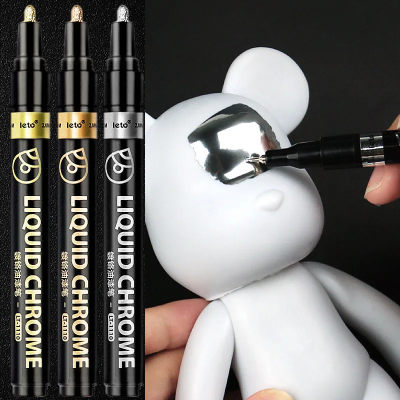 0.8/1/2mm Chrome-plated Marker Pen Three-color Waterproof DIY Model Touch-up Paint High-gloss Mirror Oil-based Pen Stationery