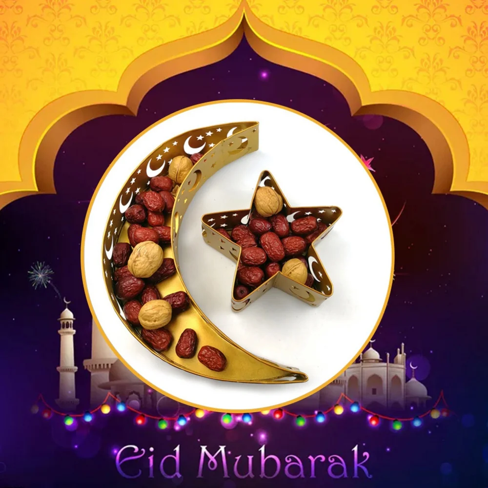 2022 New Ramadan Decoration Tray Dry Fruit Nuts Snacks Storage Plate Dinner Pallet Moon Star Iron Home Decor Holiday Supplies