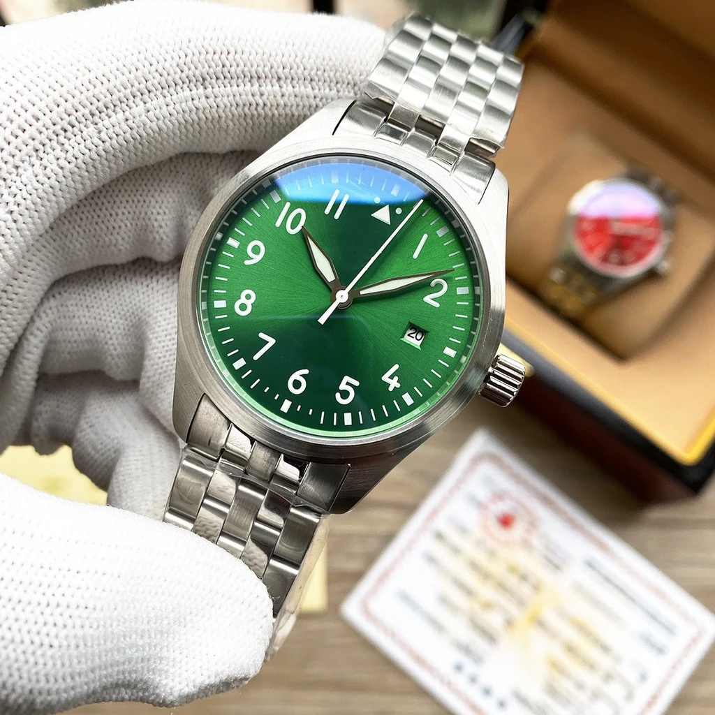 

mens automatic mechanical 40mm watch steel strap green dial