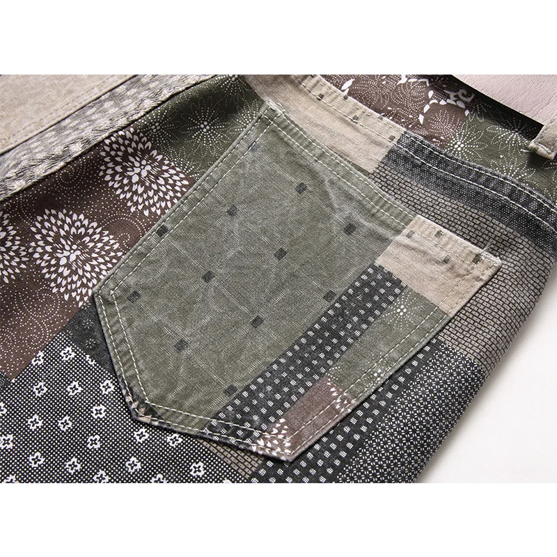 Men Jeans Colorful Personalized Fashion Printed Patchwork Plaid Elastic Straight Streetwear Mens Jeans Full Length Denim Pants