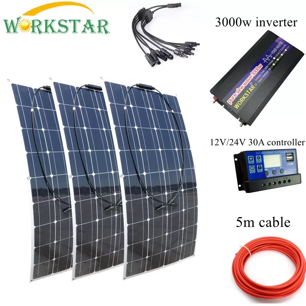 

2023NEW WORKSTAR 3*100W Flexible Solar Panels 12V Solar Charger For RV/Boat Car 300w Solar System Kit With 3000w Pure Sine Inver