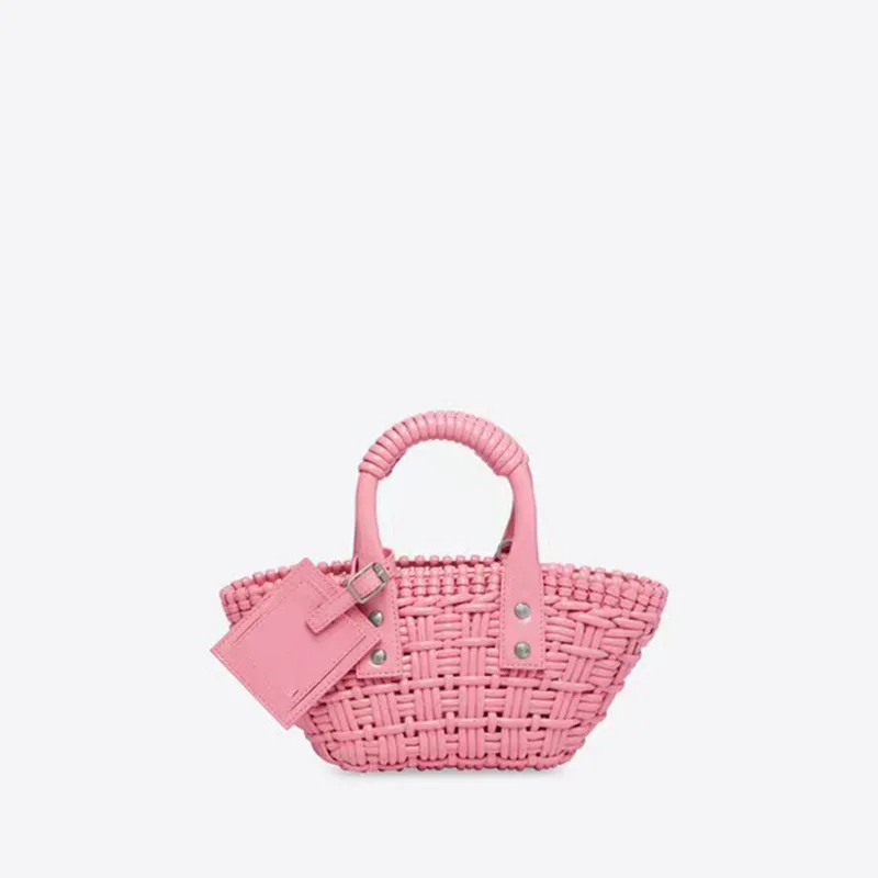 

2022 New Large Capacity Cowhide Leather Woven Vegetable Basket Bag Women Niche Design Shoulder Handheld Pink Small Tote