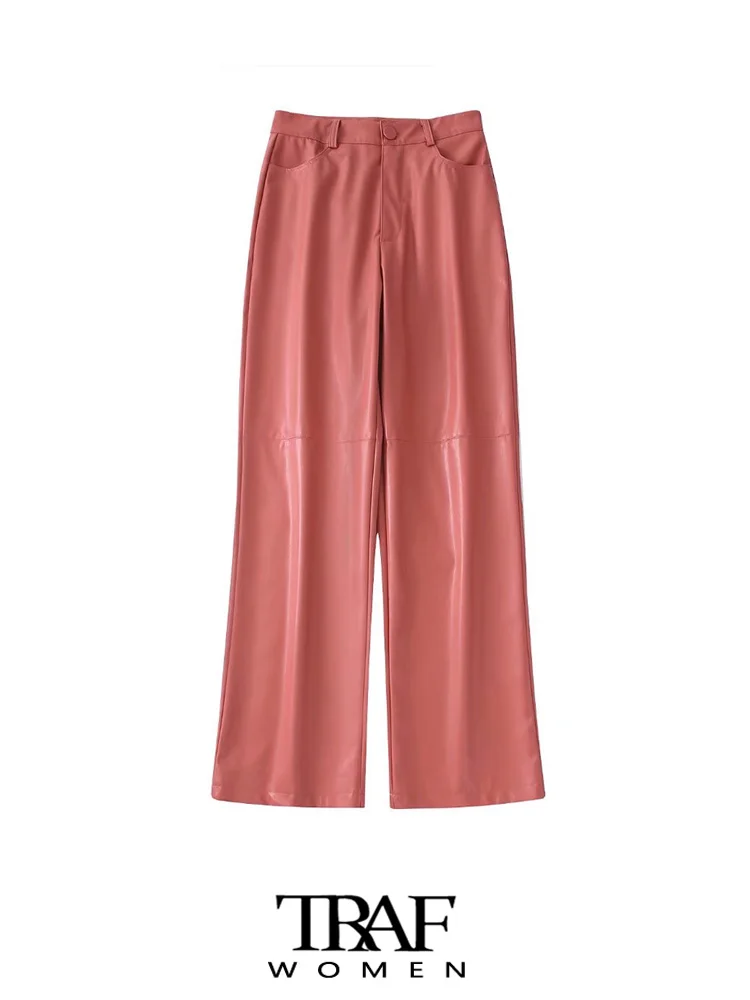 

Брюки женские прямые из искусственной кожи с боковыми карманами и высокой талией