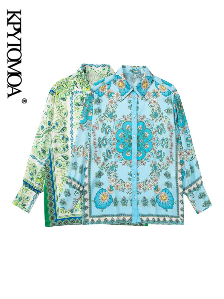 

KPYTOMOA Women Fashion Floral Print Loose Flowing Shirts Vintage Long Sleeve Side Vents Female Blouses Blusas Chic Tops