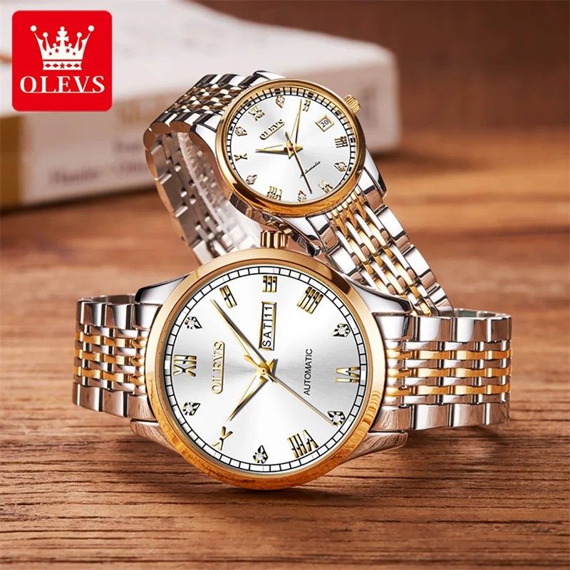OLEVS New Luxury Lover Watches Fashion Waterproof Automatic Mechanical Watch for Men and Woman Couple Watch Lover's Wristwatch