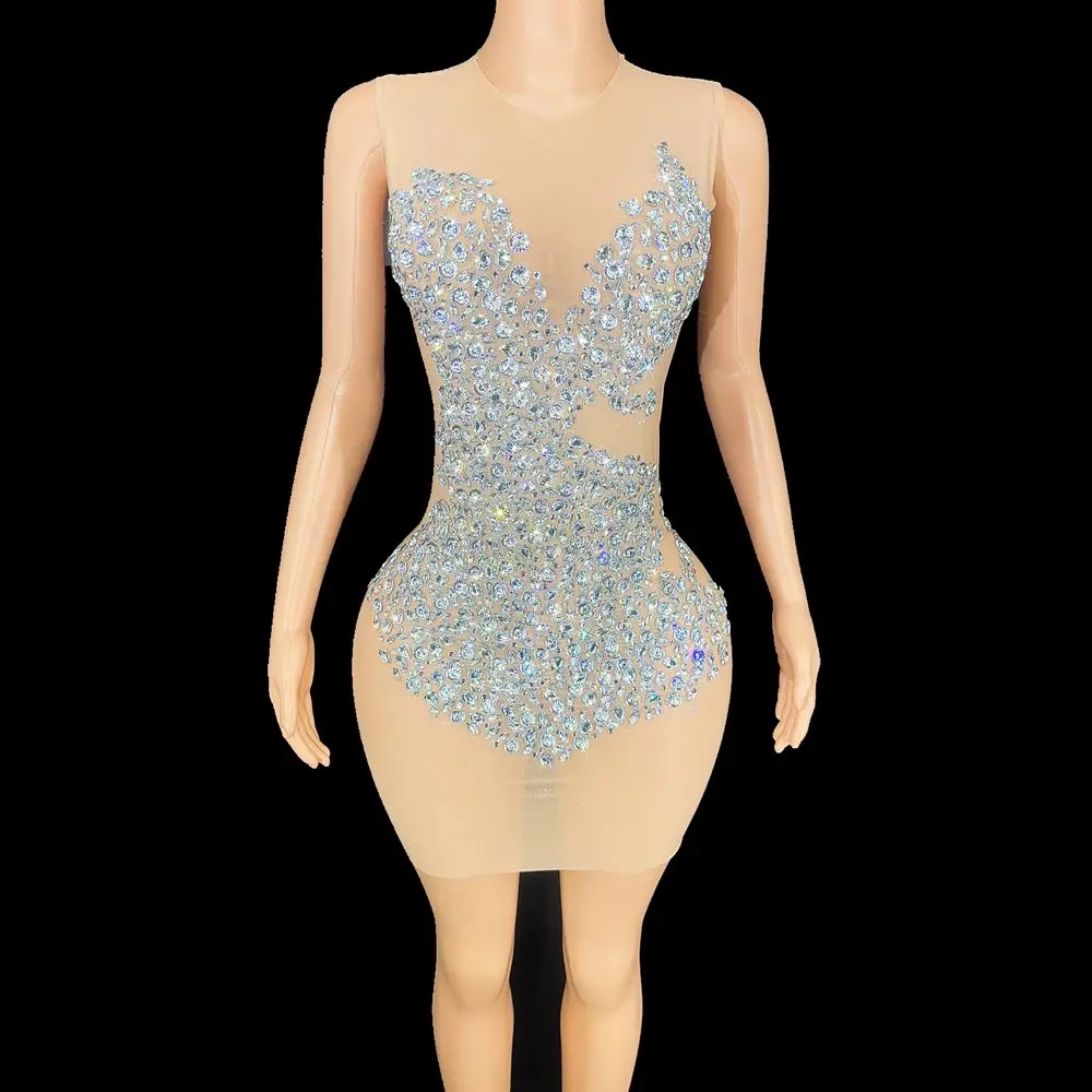 

Sexy Mesh See Through Sparkly Rhinestones Short for Women Party Prom Birthday Evening Dress Performance Costume Show Stage Wear