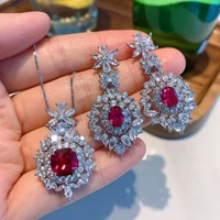new european and american style retro pigeon blood ruby luxury inlaid jewelry set pendant 99 earrings 68 womans necklace