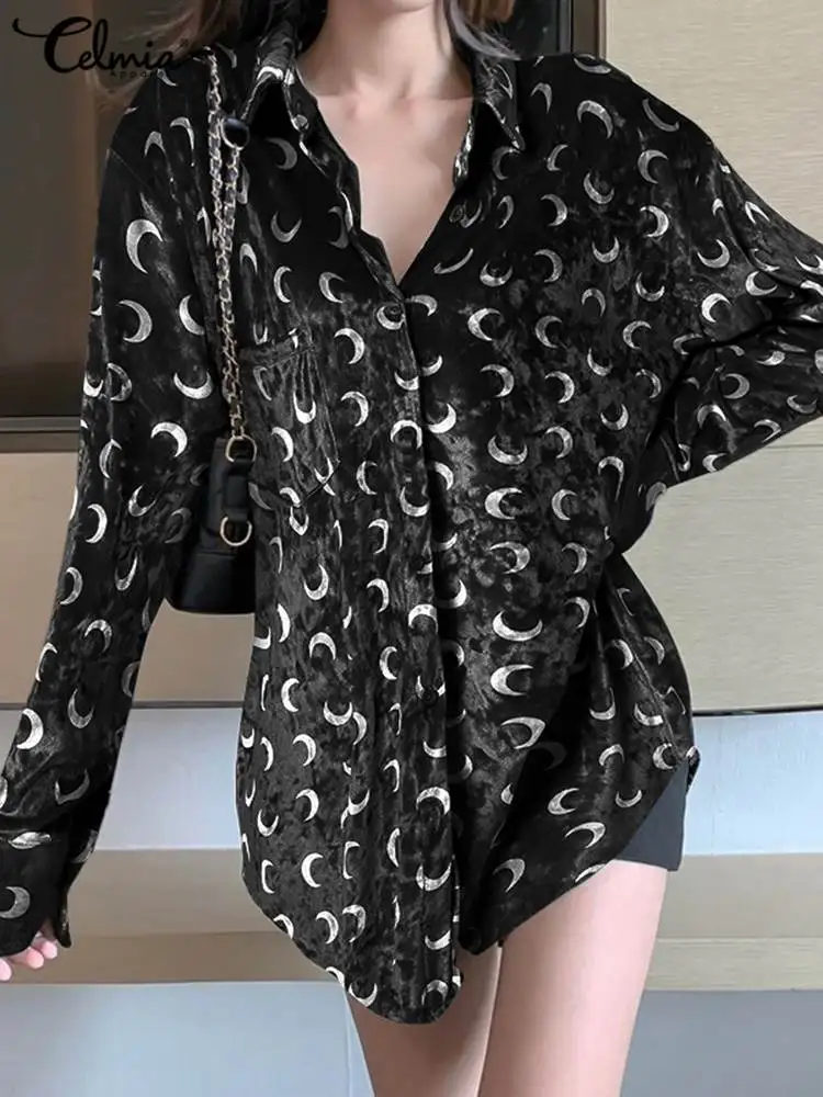 

Celmia Buttons Moon Print Chemises Casual Loose Women Tops Velvet Oversize Long Shirts Spring Lapel Korean Style Elegant Blusas