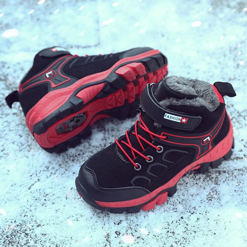 High-top Kids Hiking Boots Warm Plus Fur Winter Boots Non-slip Claw Boys Girls Basket Sneakers Teenager Waterproof Snow Boots