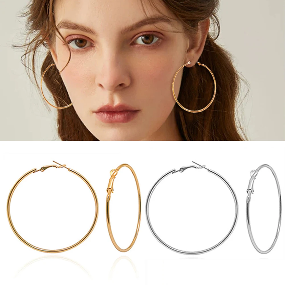 

BOAKO 1 pair Stainless Steel 3/4/5/6CM Circle Women Hoop Earrings Exaggerated Hoop Ear Loop Smooth Ring Earrings Fashion Jewelry