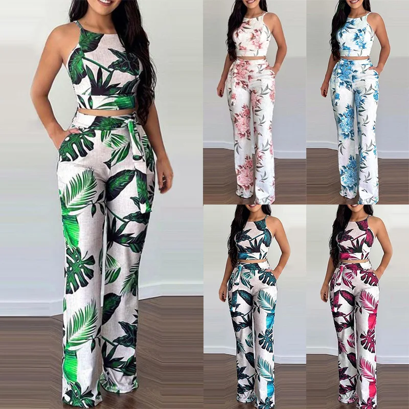 

Women Sexy Floral Print Halter Crop Top Long Pants Set Boho Beach Street Club Bodycon 2 Piece Set Green Blue Summer Clothing