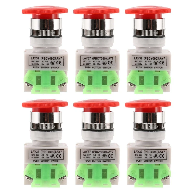 

6X Red Mushroom Cap 1NO 1NC DPST Emergency Stop Push Button Switch AC 660V 10A