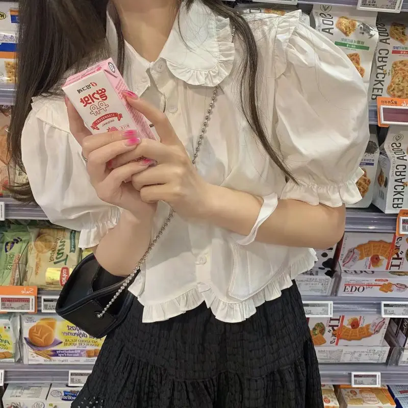 

Japan Style Sweet Pink Shirts Puff Sleeve Peter Pan Collar Summer Y2k Women Solid Short Length Slim Edible Tree Fungus Camisas