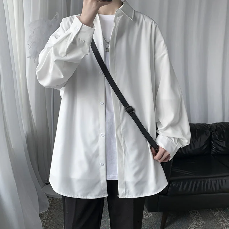 Fashion 2022 Long Sleeve Shirt Men's Autumn Versatile Ice Silk Shirt Jacket Korean Loose Large Solid Hong Kong Style Clothes