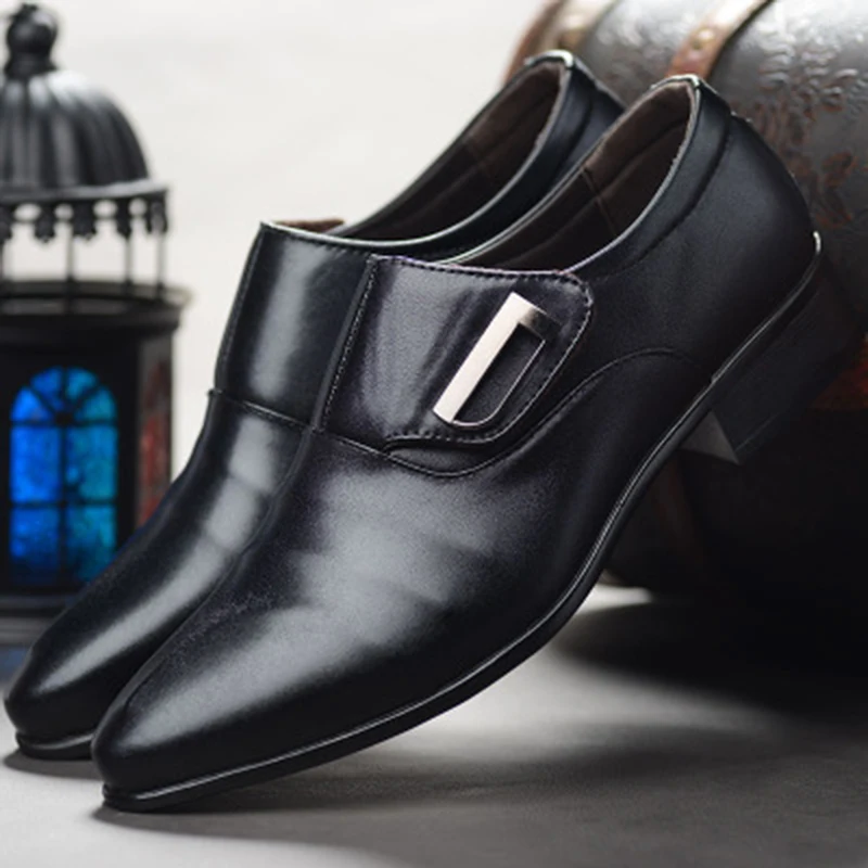 

GAOKE 2022 New Men Bussiness Formal Shoes Single Buckle Slip On Black Brown Man Office Party Wedding Dress Shoes Big Size 48