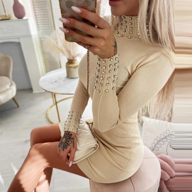 

Elegant Long Sleeve High Collar Mini Dress Women Fashion Solid Color Diamond Inlaid Knitted Dress Ladies Casual Slim Dresses New