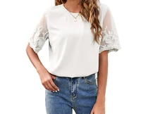 2022 summer new solid color loose round neck embroidered short sleeved chiffon top for women fashion casual tops lady