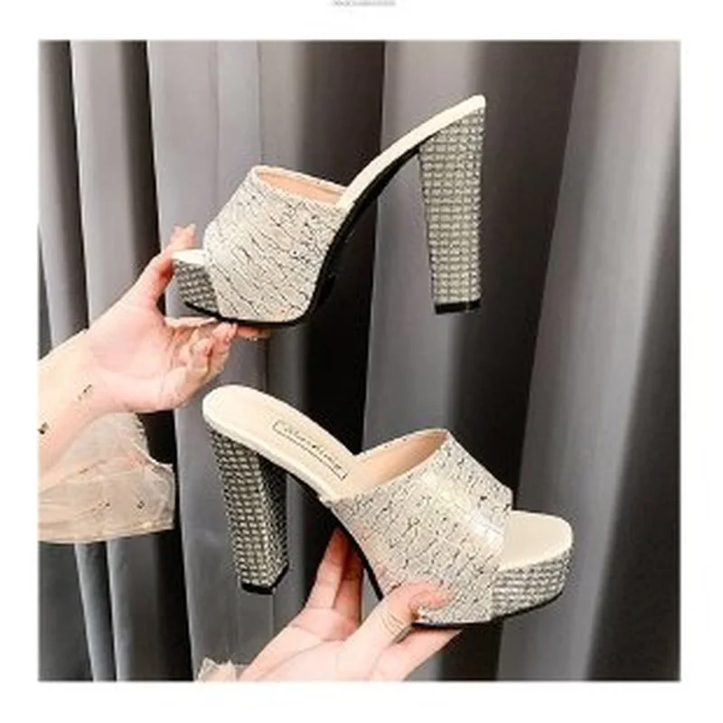 

Ladies slippers high heel sandals summer sexy open-toed fish mouth thick heel women slippers black and white Zapatillas Mujer