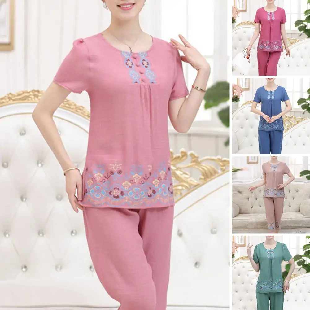 

Soft Mom Nighty Clothes Set Deep Crotch Women Top Ninth Pants Set Flower Print Comfortable Women Top Ninth Pants Set Sleeping