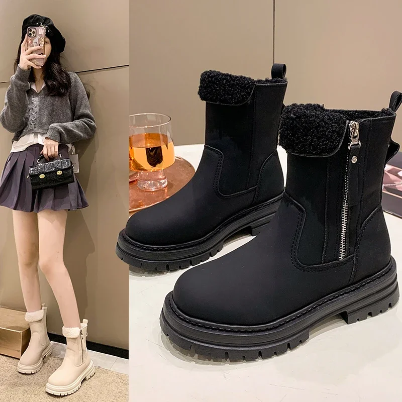

Warm Soft Plush Snow Boots for Women Platform Cotton Shoe Retro Round Toe Side Zipper Anti Slip Thick Bottom Modern Short Boot