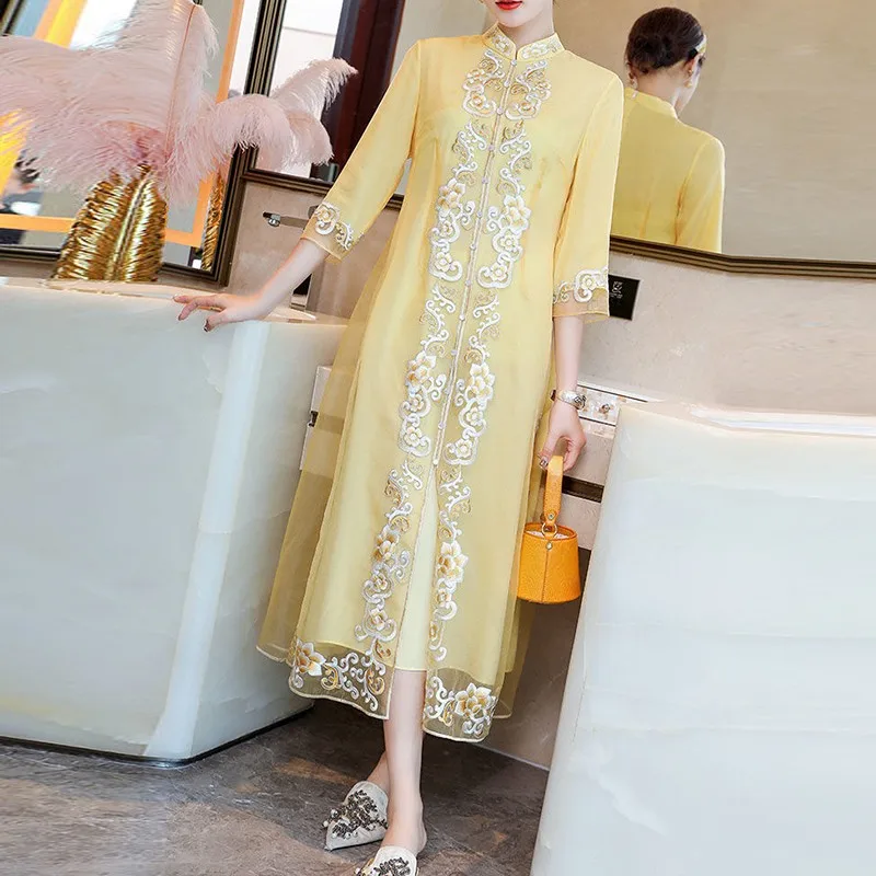 

Spring Autumn New Retro Stand Collar Embroidery Improved Cheongsam Han Element Heavy Industry Embroidery Zen Tea Dress Women