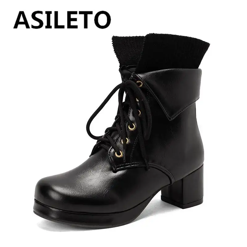 

ASILETO Mid Calf Booties For Woman 17cm Shaft Block Heel 5.5cm Lace Up Round Toe Platform 1.5cm Splice Large Size 43 45 47 48
