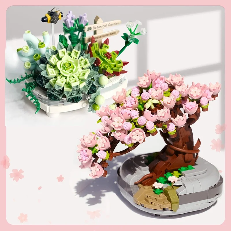 

Bouquet Building Blocks DIY Succulent Potted Flowers Assembled Bricks Girl Gifts Children's Toys Pink Cherry Blossom Plant Model