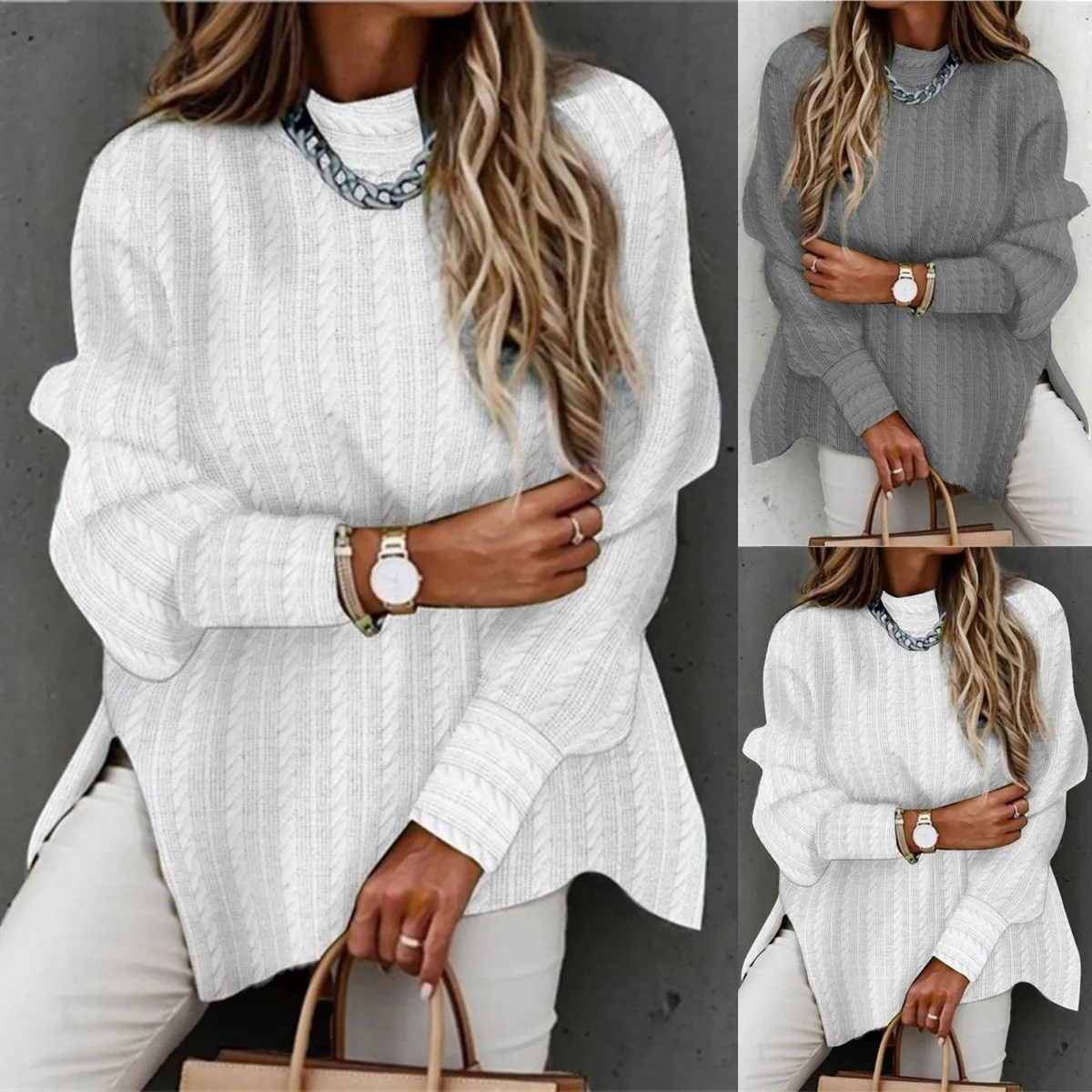

Spring New Thicken Warm Solid Casual Knitted Women's Sweater Long Sleeve Fashion Basic Y2K Top Split Fork Loose Vintage Pullover