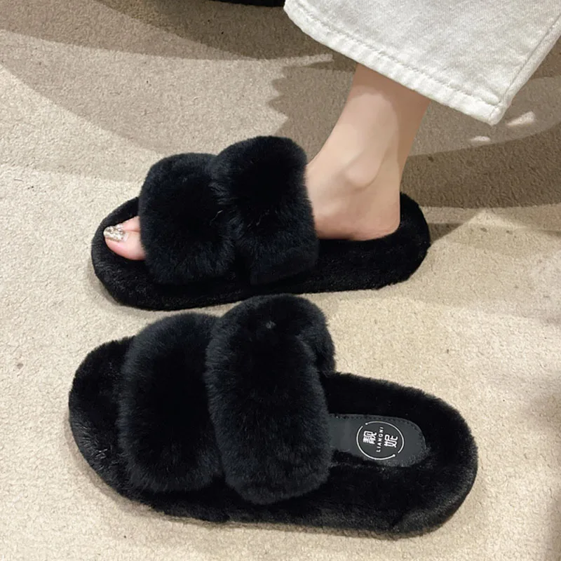 

Flat Shoes Female Plush Slippers For Adults Platform Shallow Flock Med Slipers Women Slides Fur Massage Soft 2023 Rubber with fu