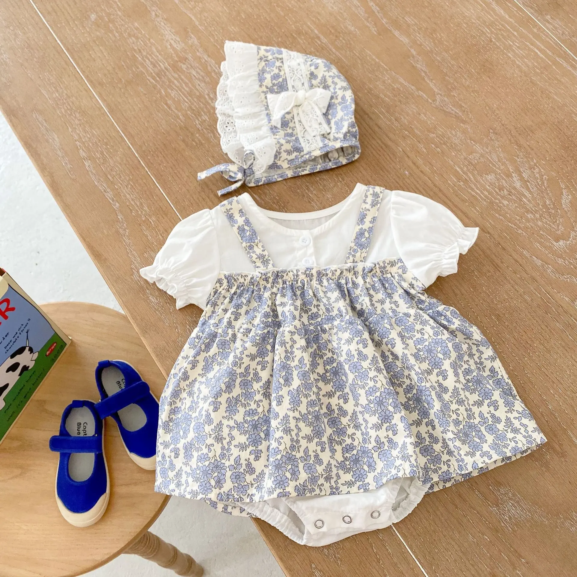 

Infant Girl Retro Floral Fake Two Pieces Puff Jumpsuit Girls Fashion Comfortable Cotton Bodysuit One Piece With Headband
