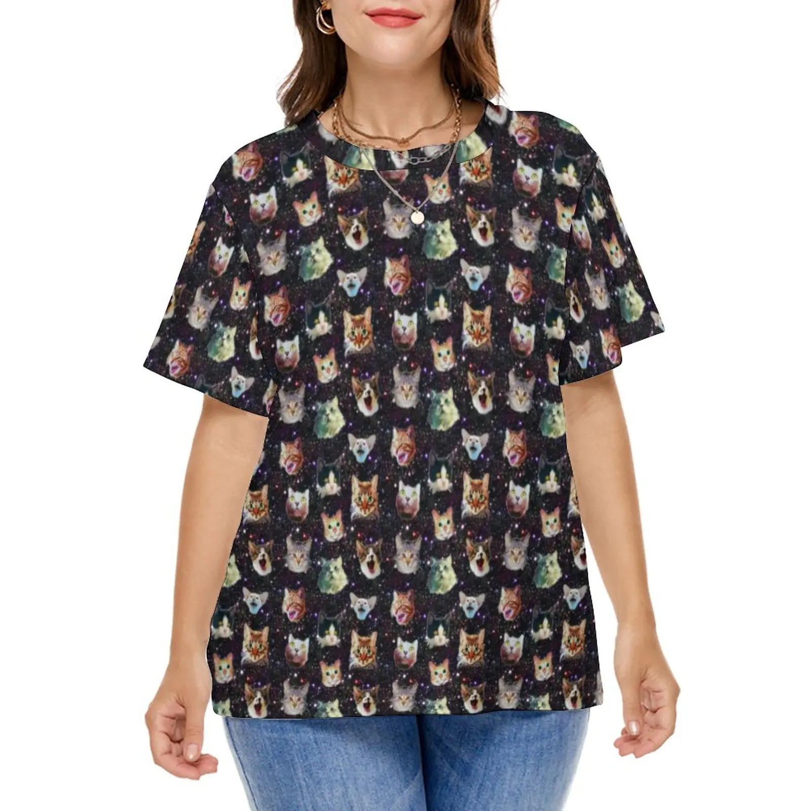 

Star Galaxy Print T-Shirt Funny Cat Heads Hip Hop T Shirts Short Sleeve Street Fashion Tshirt Summer Graphic Clothes Plus Size