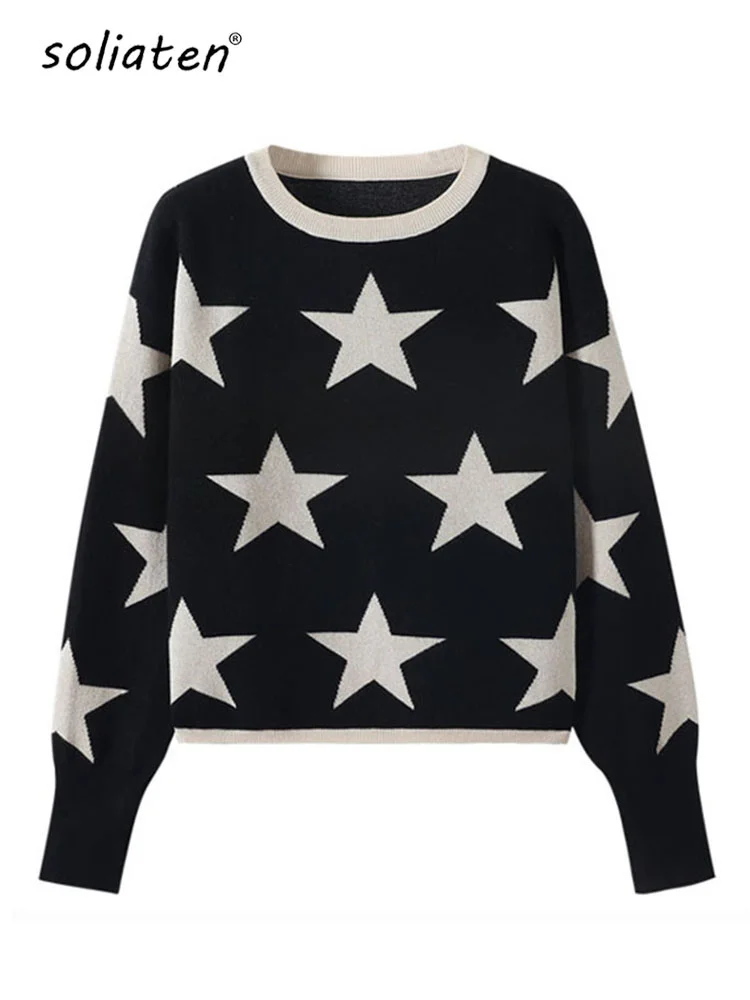 

Quality Guarantee Fall Winter Women's Sweater O-neck Star Pullover Knitting Sweaters Long Sleeve with Split Casual Jumper C-288