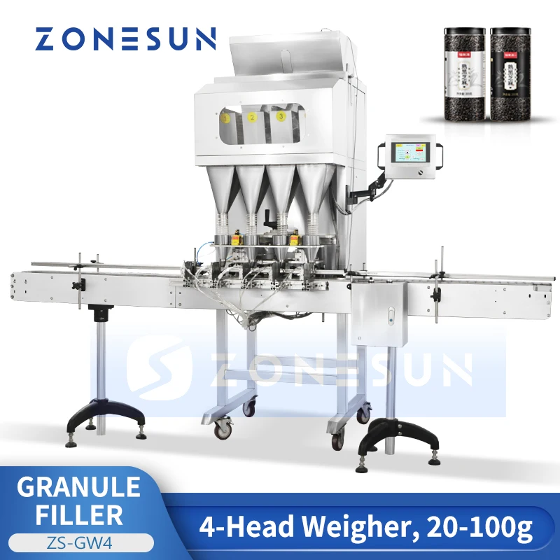 ZONESUN Automatic 4 Heads Granule Weighing Filling Machine Nuts Pepper Oatmeal Sesame Popcorn Particle Bottles Packaging ZS-GW4