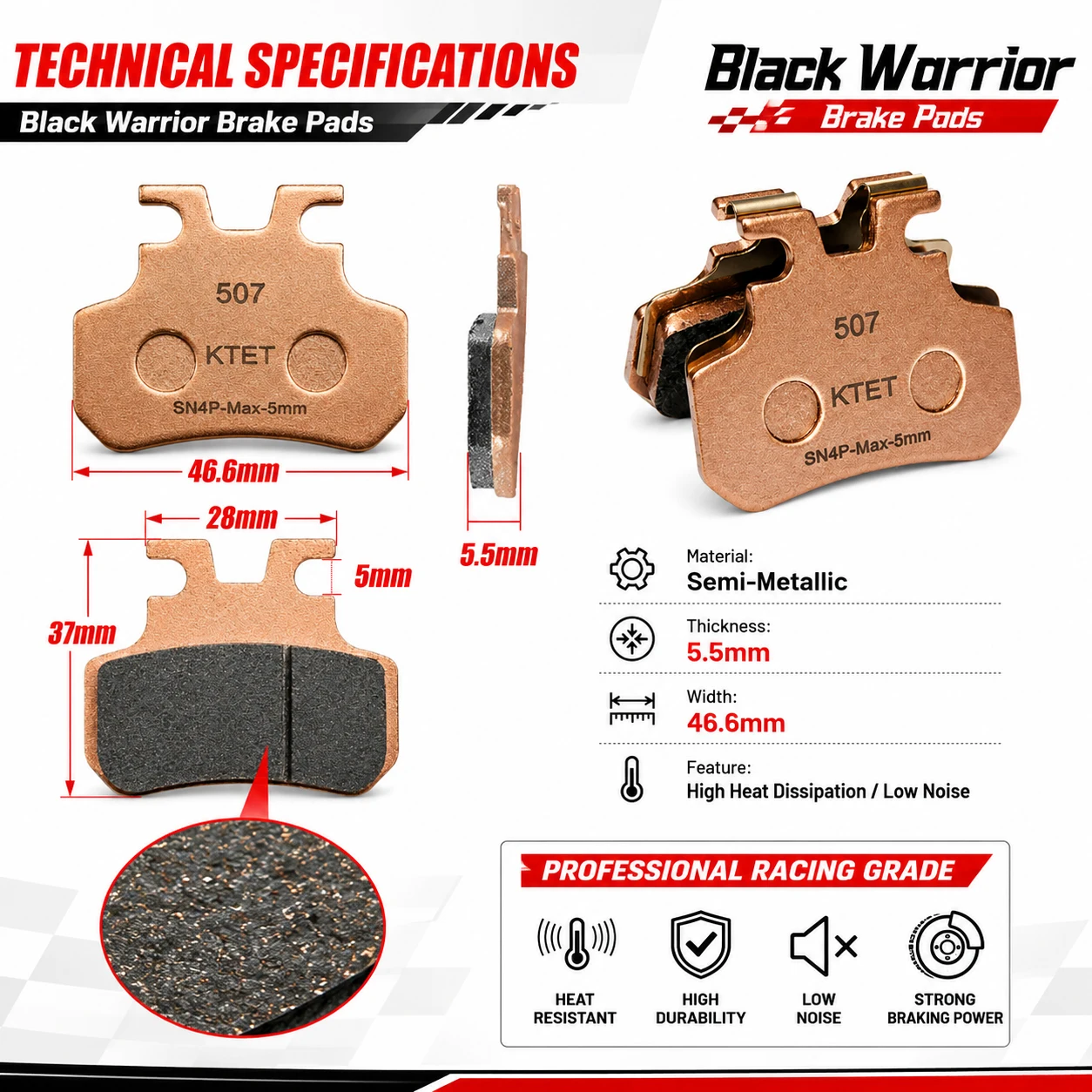 Тормозные колодки Black Warrior, полуметаллические, с быстрым охлаждением, для Himoto OWAYEBIKE WALFISK EKXBike KTET SN-V4 XD-SN-4P Ebike (art.: 3920dbec95bce) - 3920dbec95bce