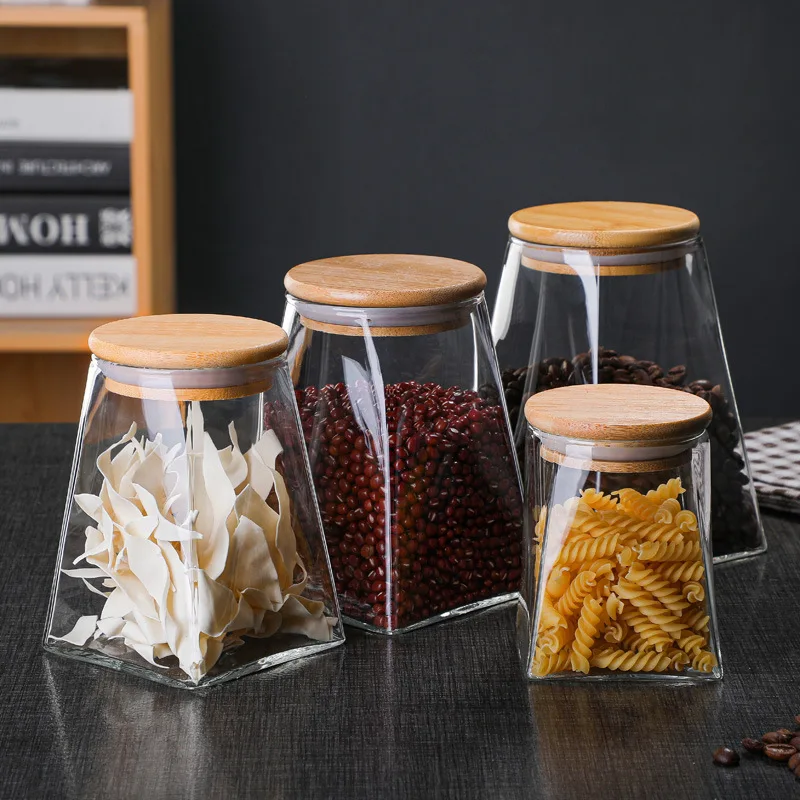 

4pcs Irregular Glass Sealed Food Storage Containers with Airtight Bamboo Lids Tea Coffee Sugar Kitchen Clear Cereal Dispenser