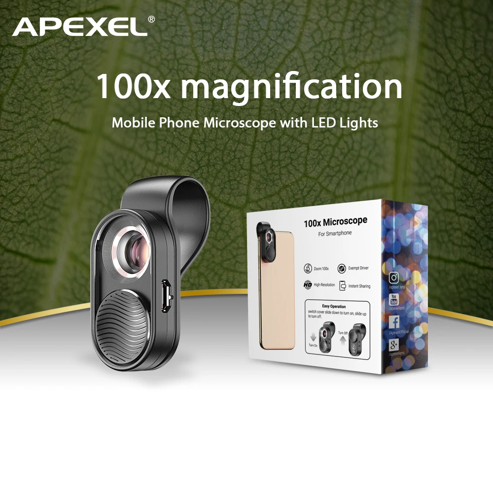 

APEXEL 100X Mobile Phone Microscope Micro Lens LED Light Pocket Mini Magnifying Glass Microscopes With Universal Clip For phones