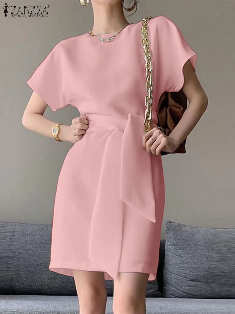 

ZANZEA Round Neck Elegant Sundress Waist Belted Korean Fashion Mini Dresses 2023 Summer Solid Robes Women Casual Short Vestidos