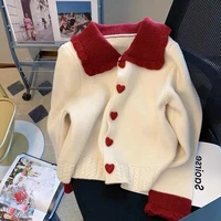 sweet peter pan collar heart button cardigan for women winter korean fashion loose cropped cardigan knitted sweater cute top2023