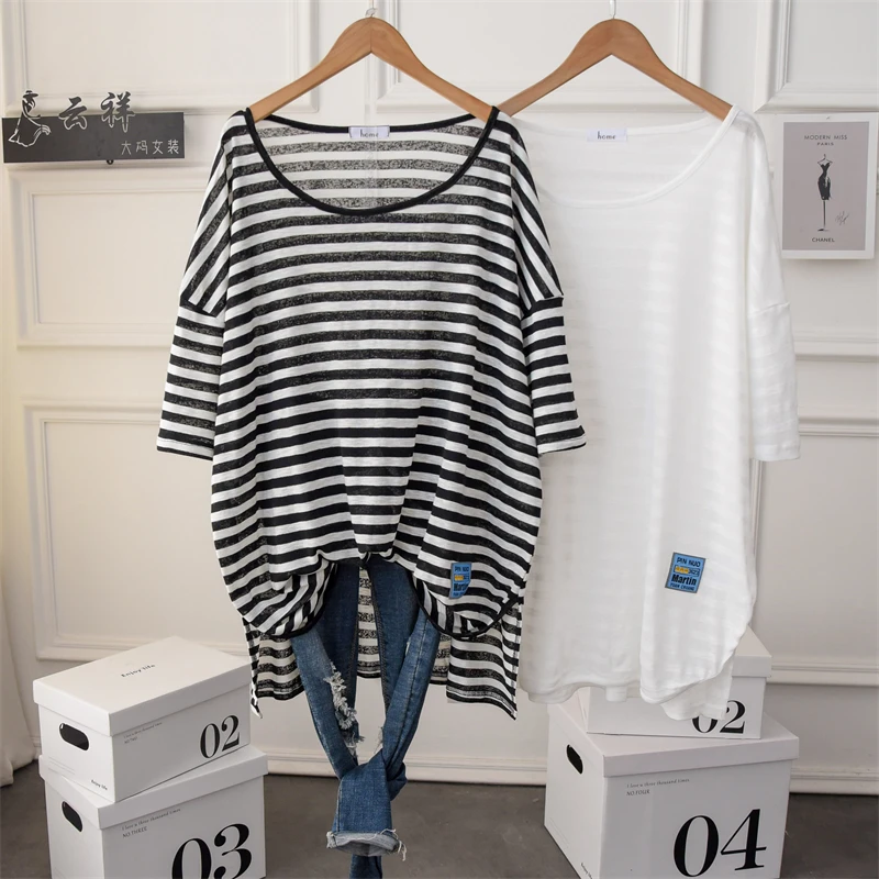 

Large Size Thin Stripe Casual Tee Tunic Top Women Short Sleeve Plus Long Coverup Beach T Shirt for Summer