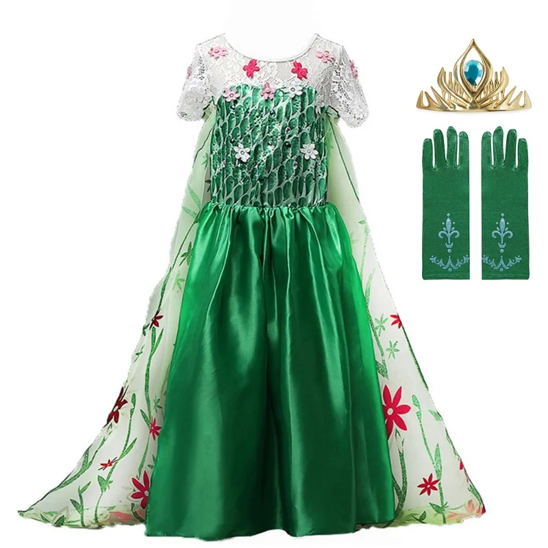 

New Green Elsa Lace Dress Summer 2022 Elsa Anna Dress Vestido Elsa Fever Dress for Kids Girl Fantasia Princess Dress