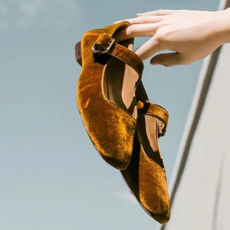 

2022 Gold Velvet Women Loafers Single Leahter Shoes Fashion Female Square Toe Shallow Flats Elegant Wfers Shoes for Work
